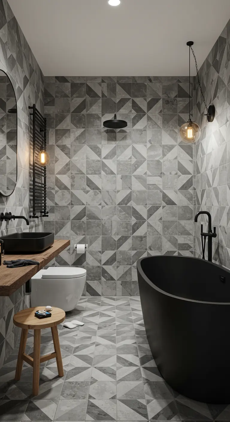 Baño de estilo industrial con azulejos geométricos grises y sanitarios en negro mate