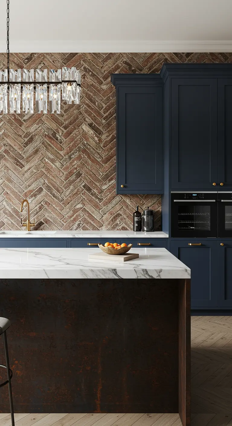 Cocina sofisticada con pared de ladrillo en espiga, muebles azul oscuro y encimera de mármol.