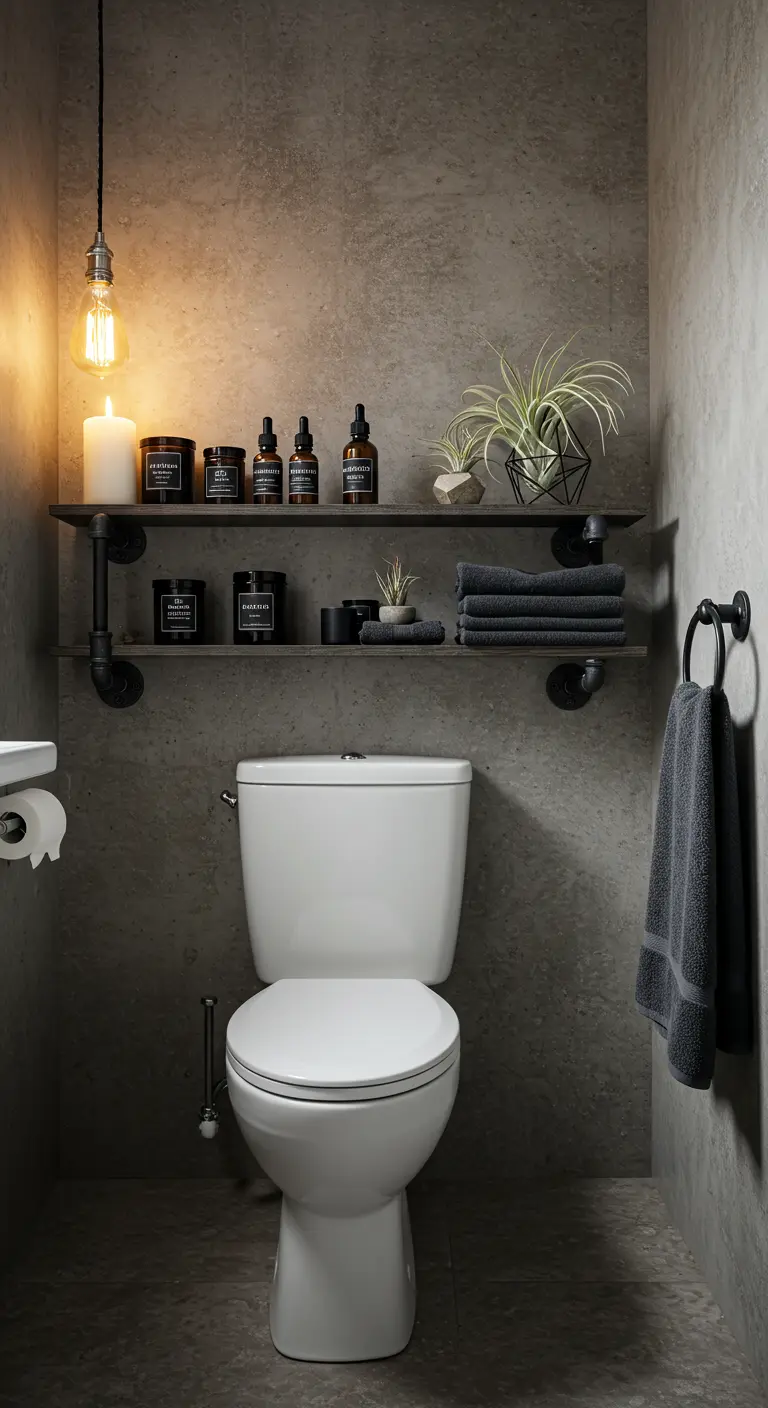 Repisas de estilo industrial con tuberías, velas y aceites en un baño de cemento pulido.