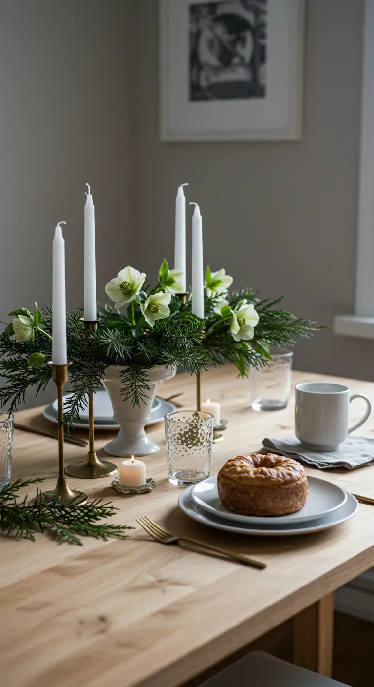Centro de mesa invernal con flores de eléboro blancas, ramas de abeto y velas.