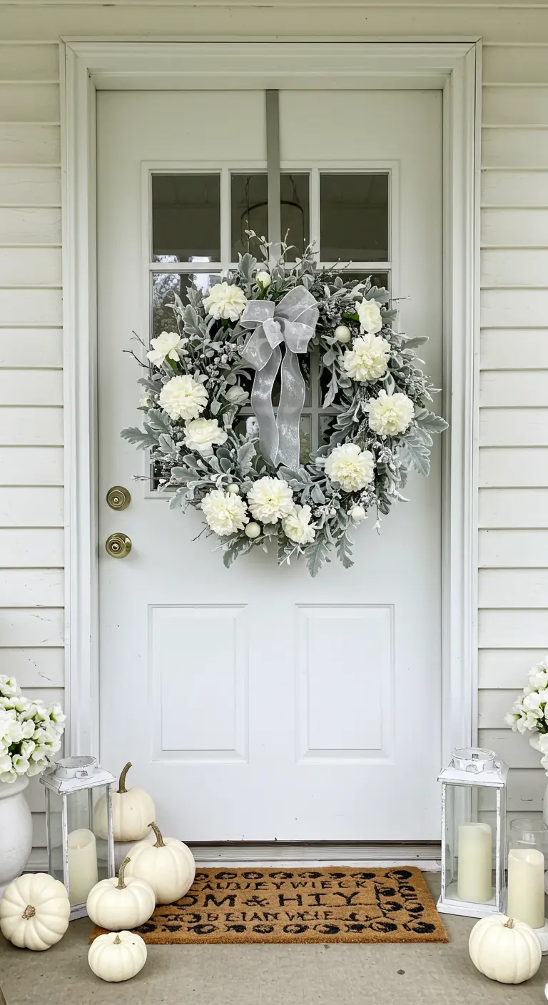Corona de follaje plateado y flores blancas con un lazo de plata en una puerta blanca.