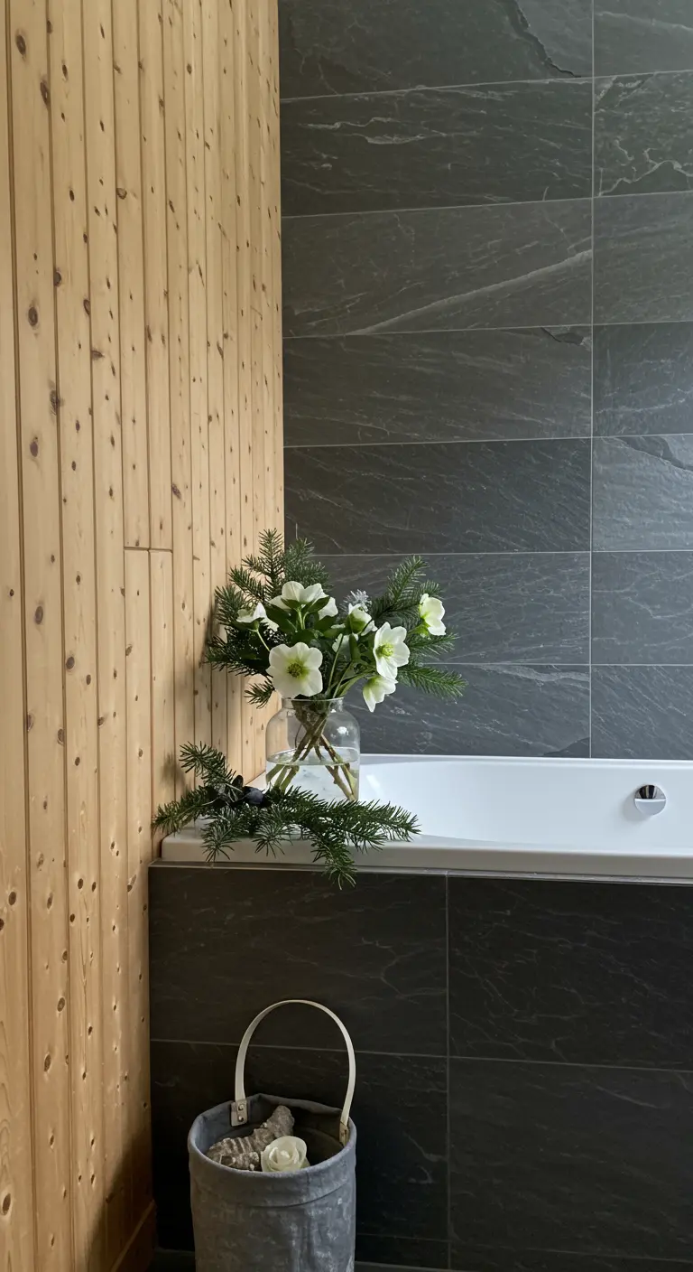 Un ramo de heléboros blancos y ramas de pino junto a una bañera moderna con azulejos oscuros.