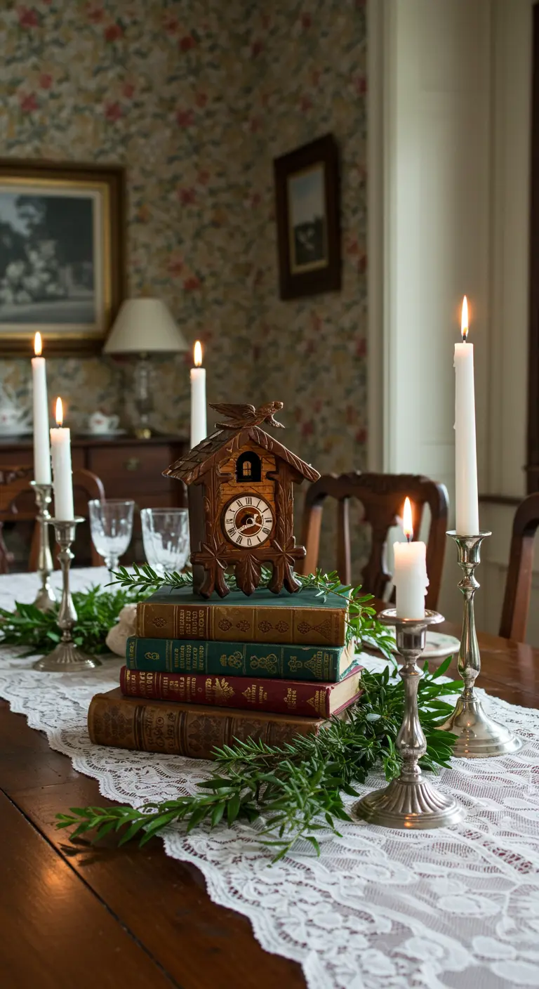 Reloj de cuco sobre una pila de libros antiguos, rodeado de vegetación y velas.