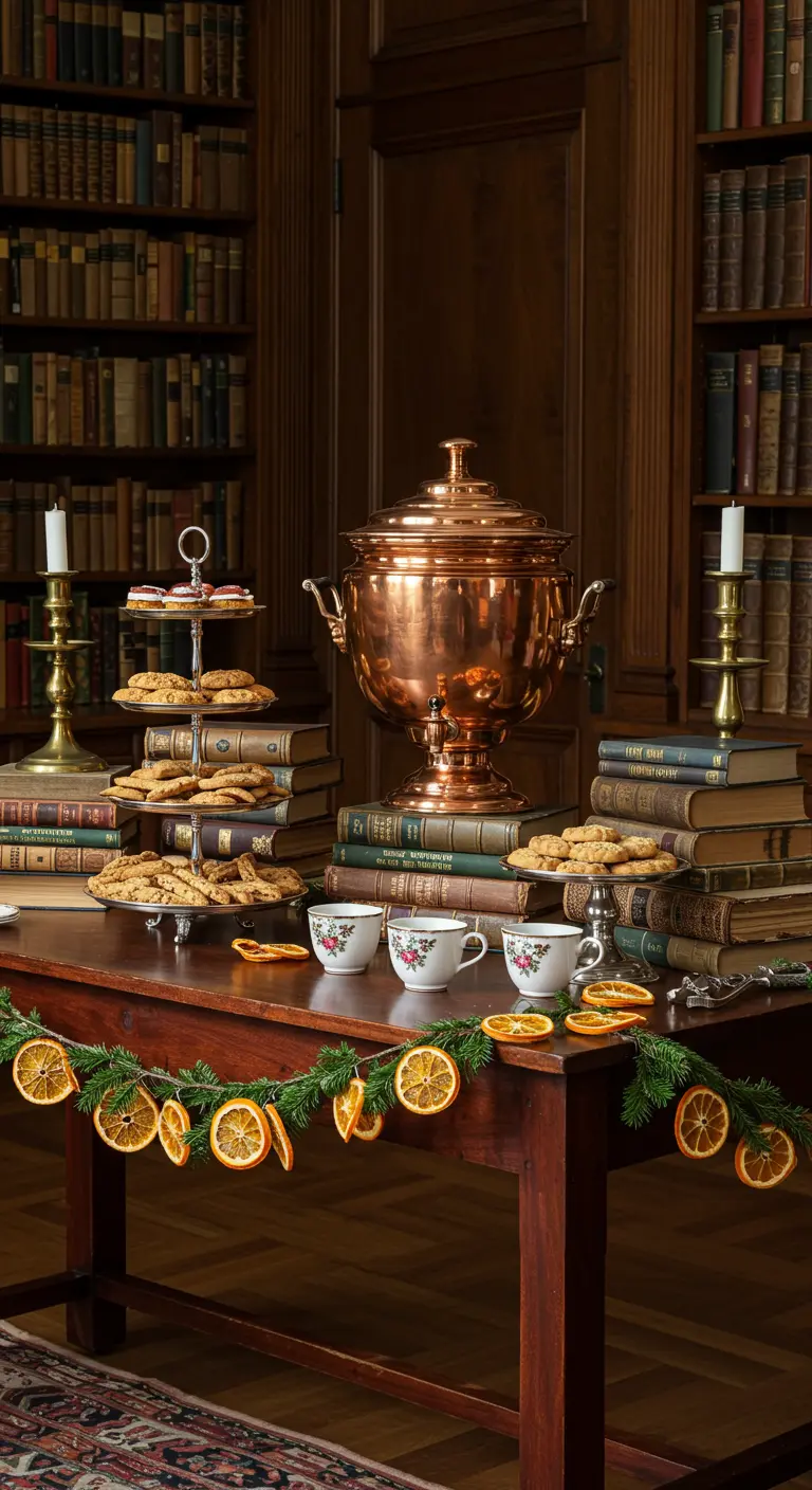 Mesa de postres en una biblioteca, con galletas apiladas sobre libros y una guirnalnalda de naranjas.