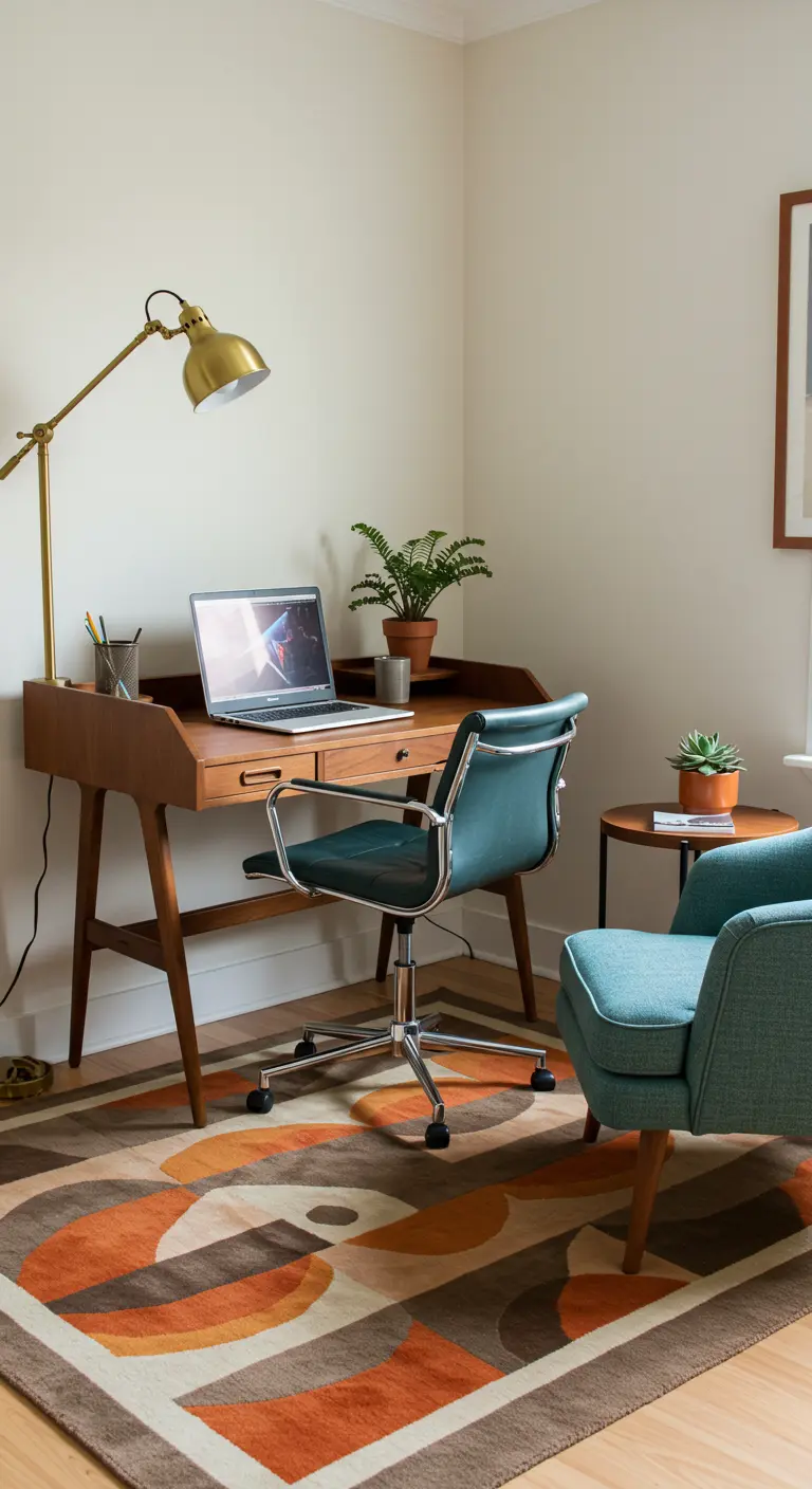 Escritorio mid-century modern con silla de oficina verde azulado y lámpara de latón.