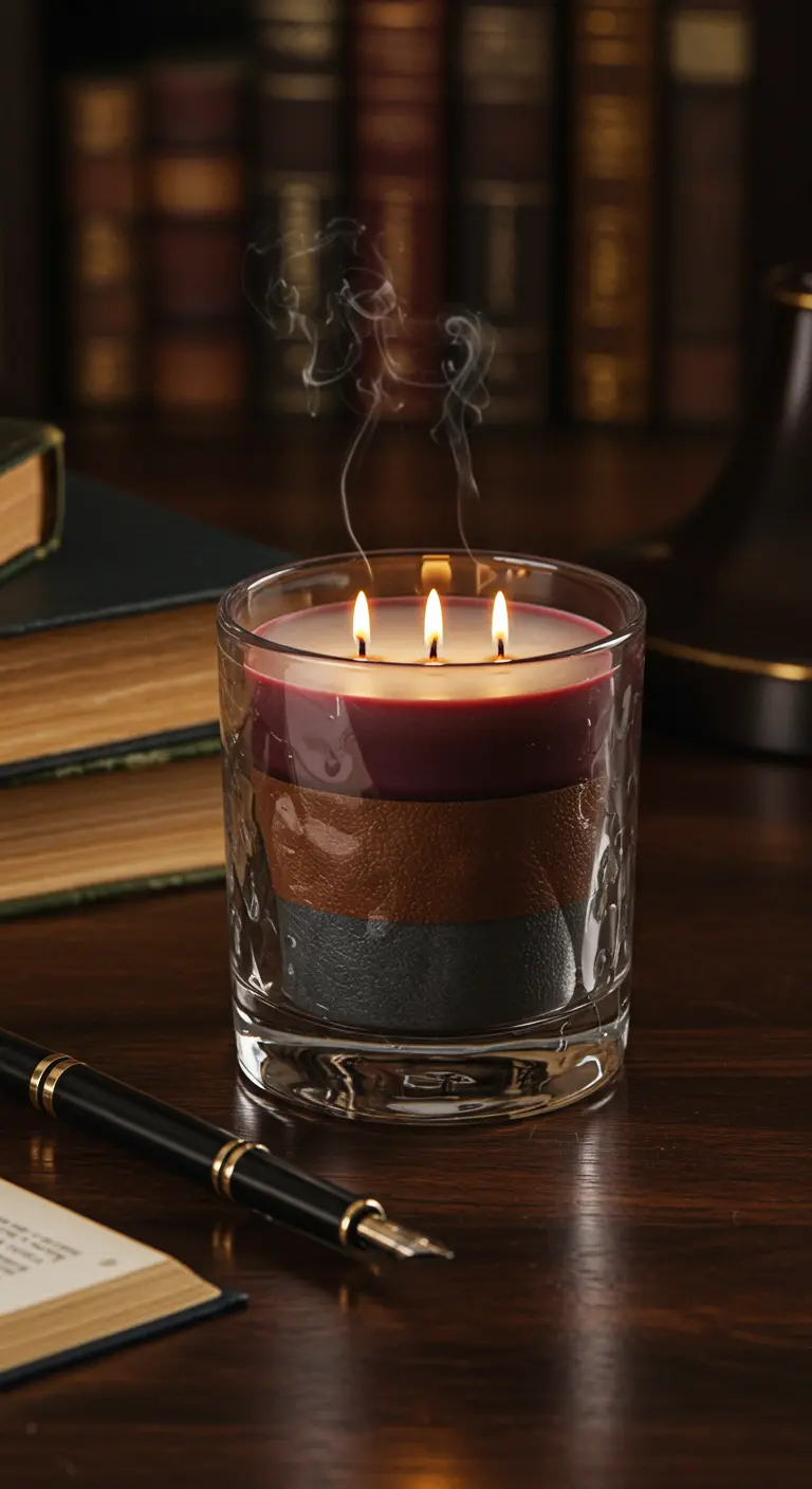 Vela de tres mechas en un vaso de cristal con capas oscuras, junto a libros antiguos.