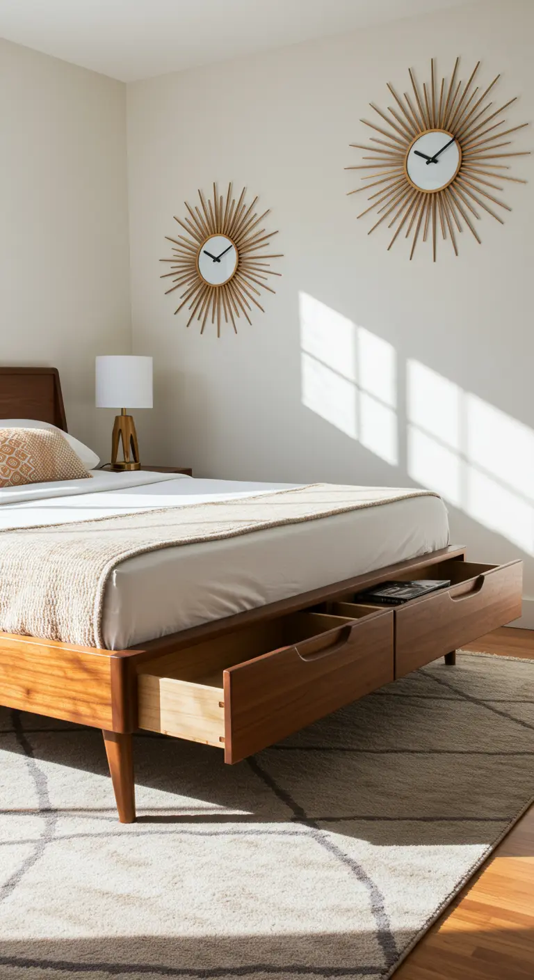 Cama de madera de estilo Mid-Century Modern con patas cónicas y dos cajones de almacenaje.