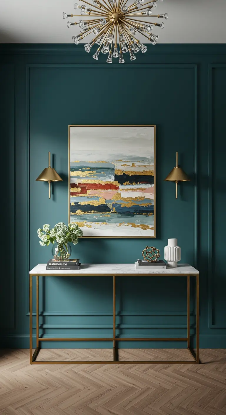 Entrada elegante con pared verde azulado, consola dorada y un cuadro abstracto con toques dorados.