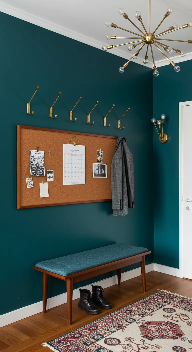 Entrada Mid-Century con pared verde azulado, ganchos dorados y un gran tablero de corcho.