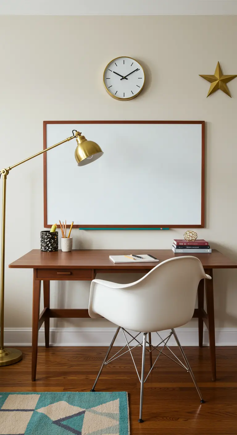Espacio de trabajo de estilo Mid-Century Modern con pizarra enmarcada en madera y lámpara de latón.
