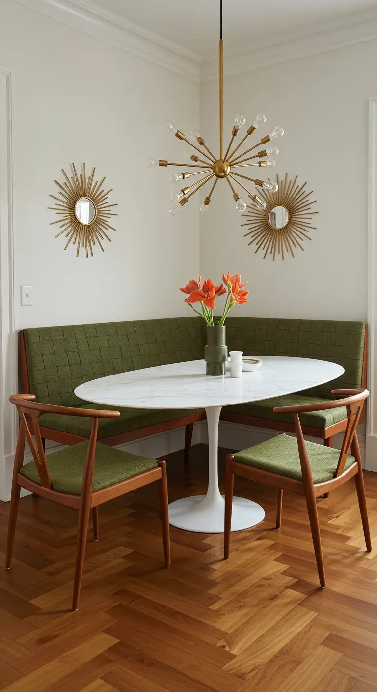 Rincón de comedor Mid-Century Modern con banco verde oliva, mesa ovalada y espejos dorados.