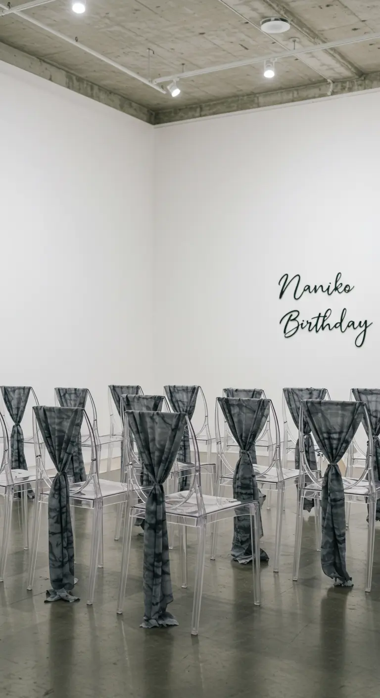 Sillas de acrílico transparente decoradas con un nudo de tela teñida de gris y negro.