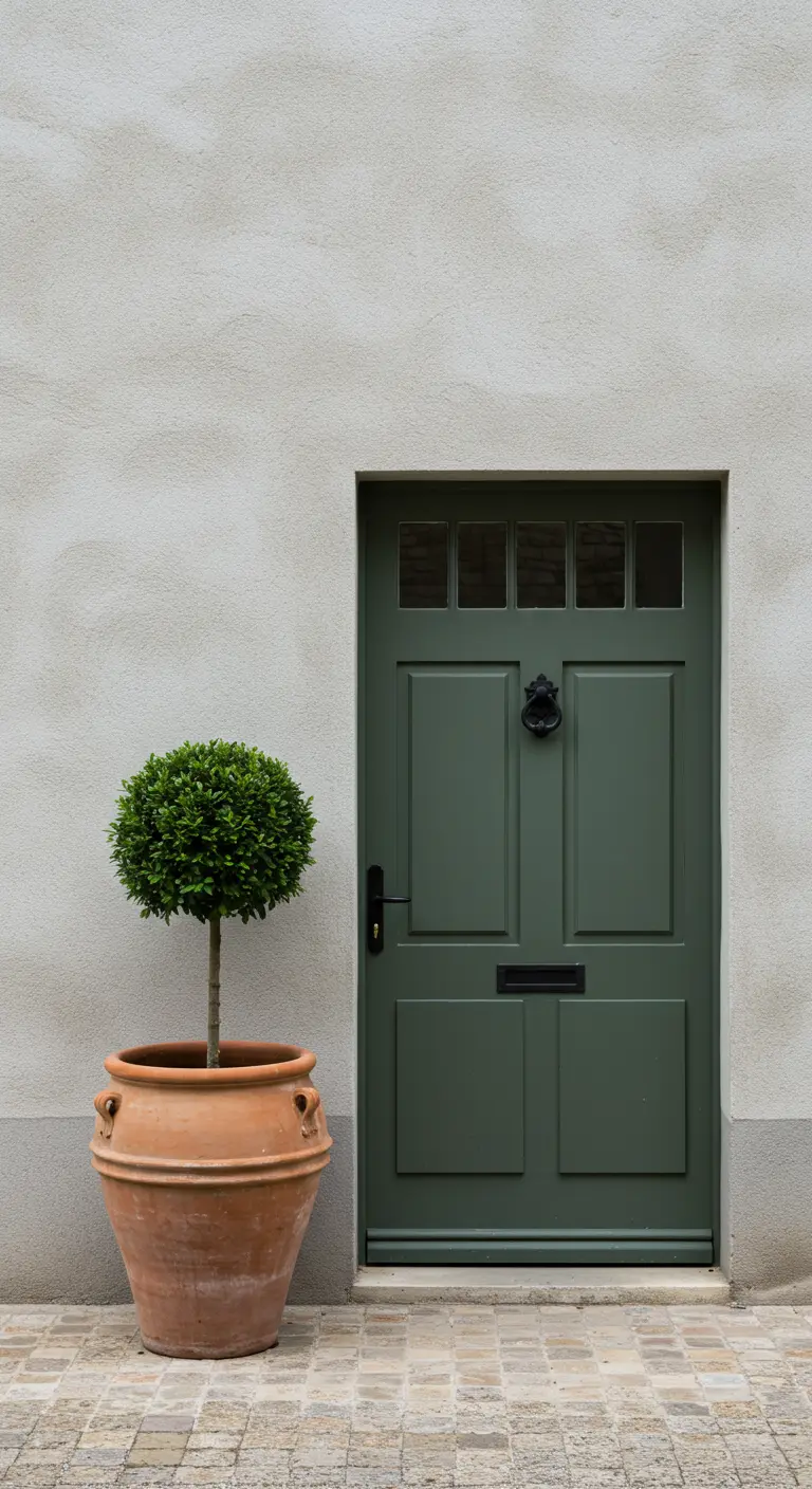 Puerta verde oscuro de estilo clásico con un topiario esférico en una maceta de terracota