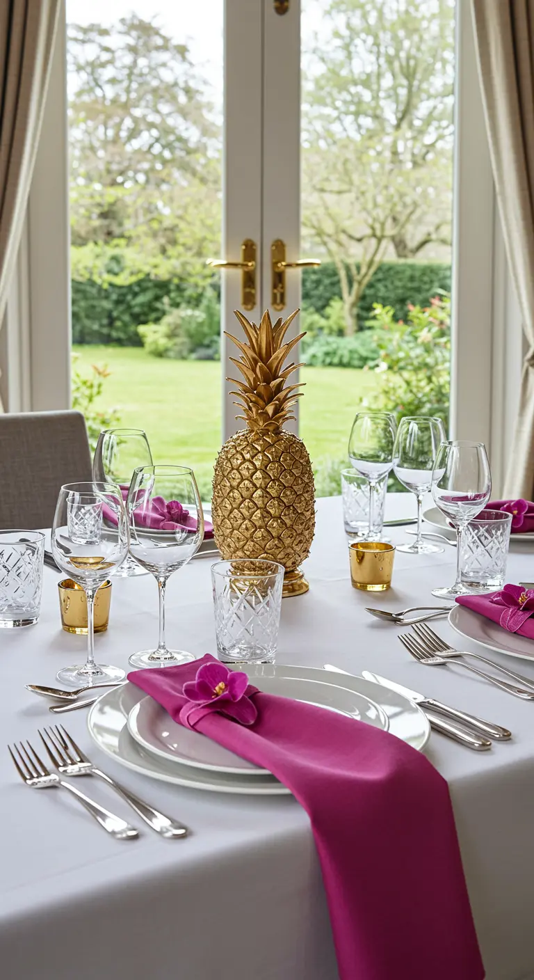Mesa elegante con mantel blanco, una piña dorada como centro de mesa y servilletas fucsia.
