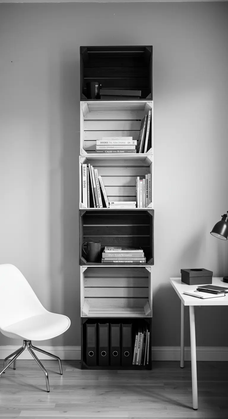 Torre de estanterías en blanco y negro junto a un escritorio de estilo minimalista.