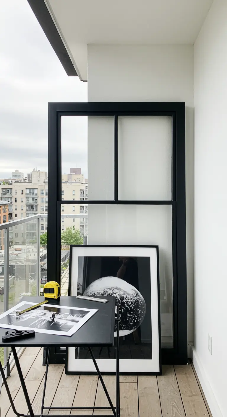 Marco de ventana negro y moderno apoyado en un balcón junto a una lámina de arte abstracto.