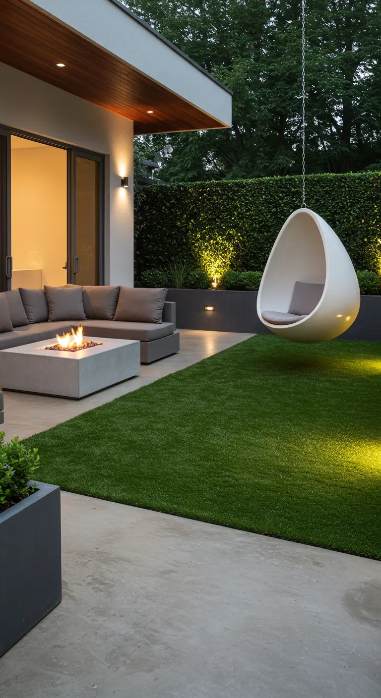 Patio minimalista con sofá gris, fogón de cemento, columpio burbuja y césped artificial iluminado.