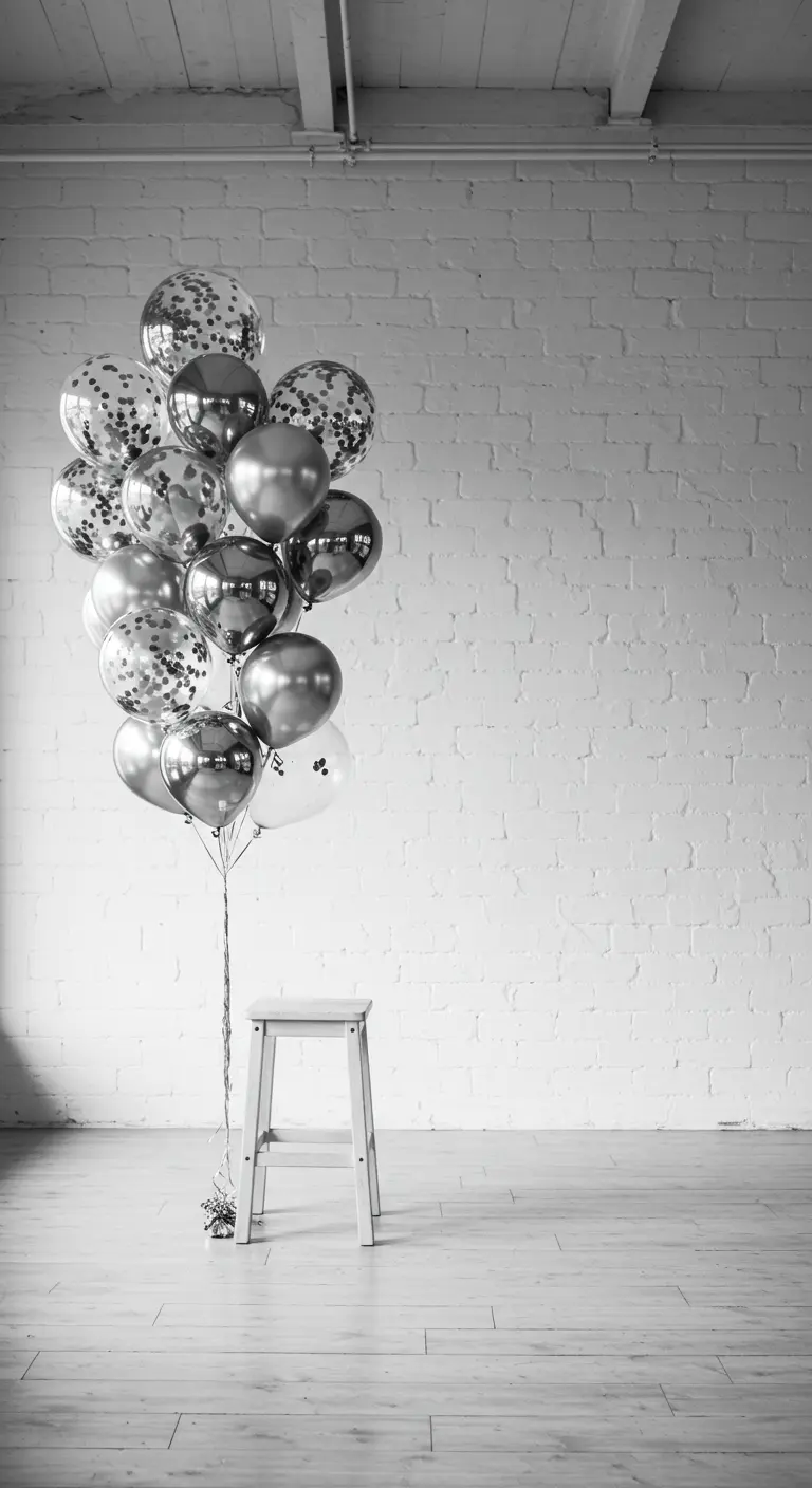 Ramo de globos plateados y con confeti atado a un taburete blanco frente a una pared de ladrillo.