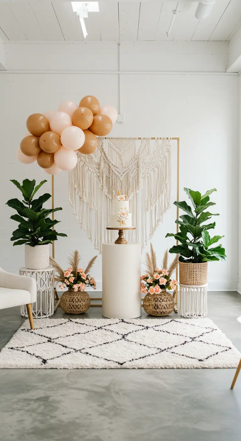 Rincón de tarta minimalista con fondo de macramé, globos y plantas.