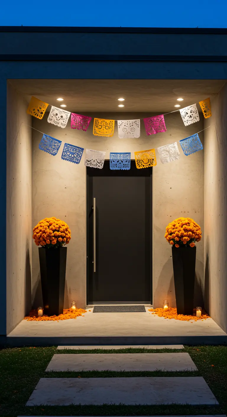 Entrada minimalista de cemento decorada con dos maceteros altos de cempasúchil y velas.