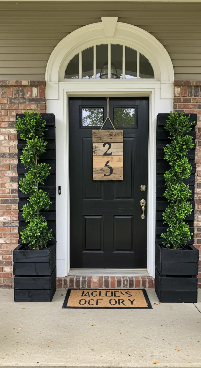Entrada con puerta negra flanqueada por dos grandes maceteros negros con arbustos y un número de madera.