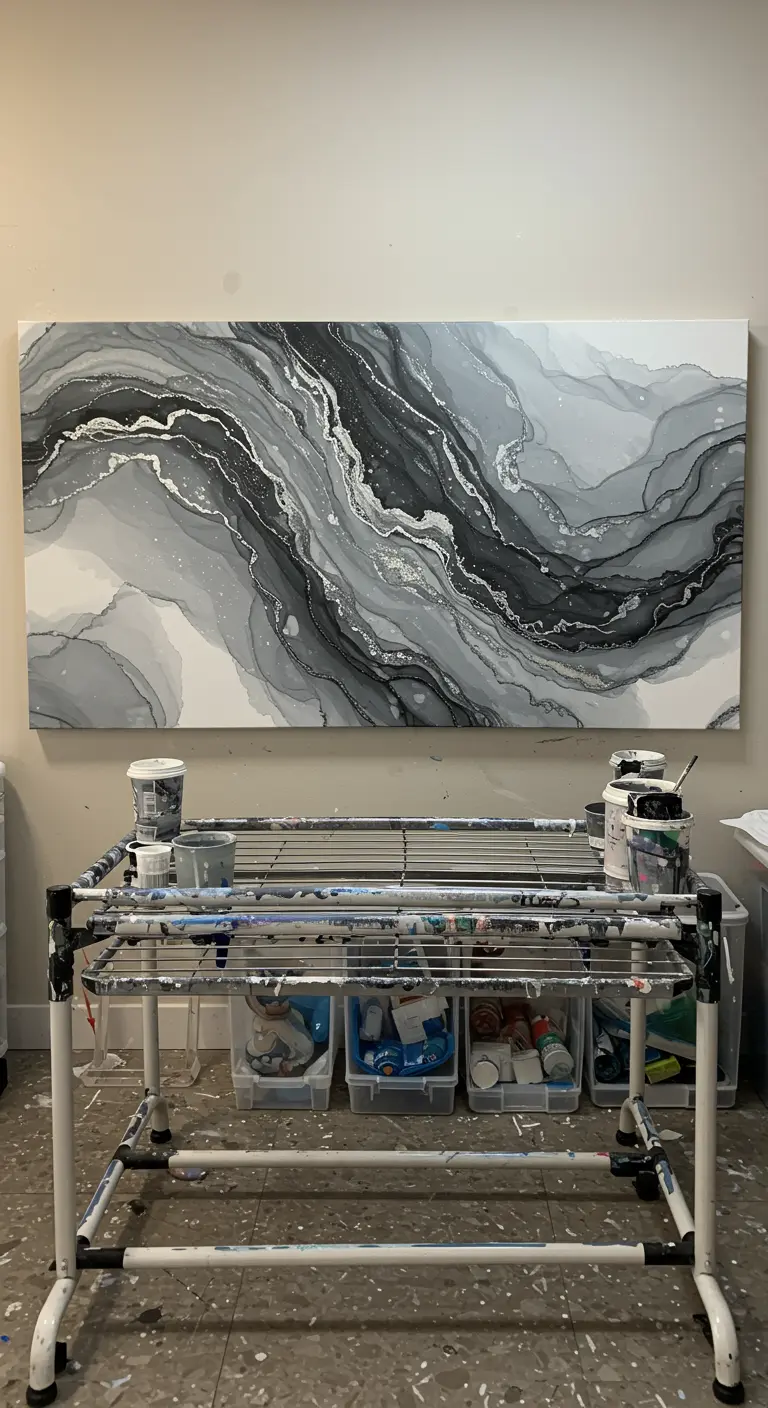 Gran cuadro abstracto de pintura fluida en grises y plata sobre un soporte de secado