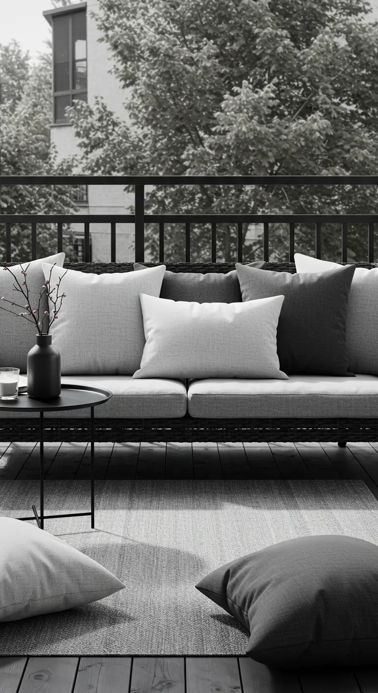Balcón moderno en blanco y negro con sofá de ratán oscuro y cojines en tonos grises.