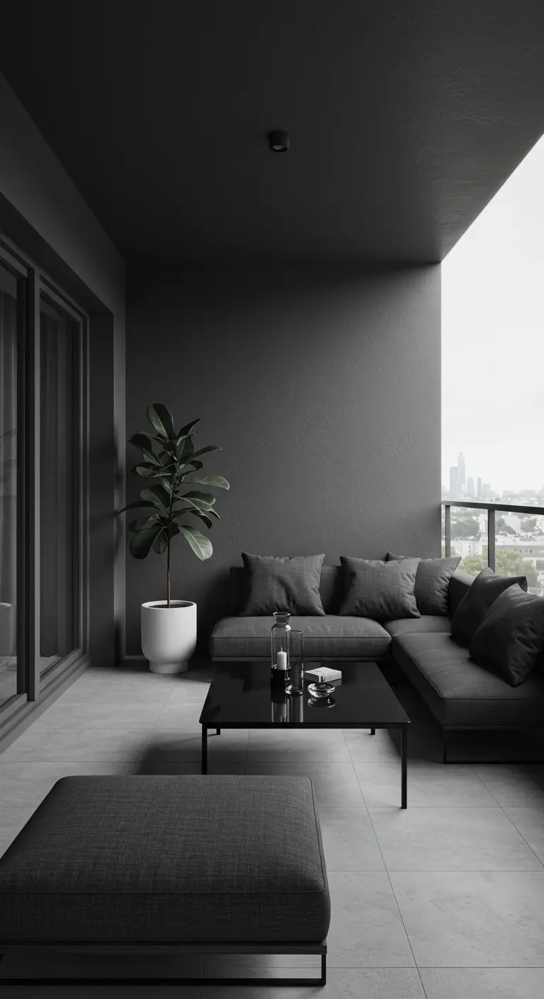 Balcón minimalista con paredes y sofá modulares en tonos grises oscuros y negros.