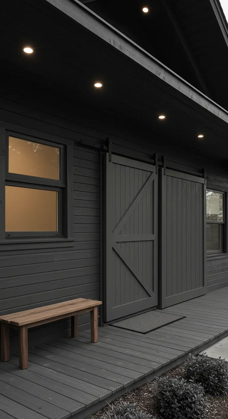 Porche oscuro y moderno con revestimiento y puertas de granero en tonos grises y negros.