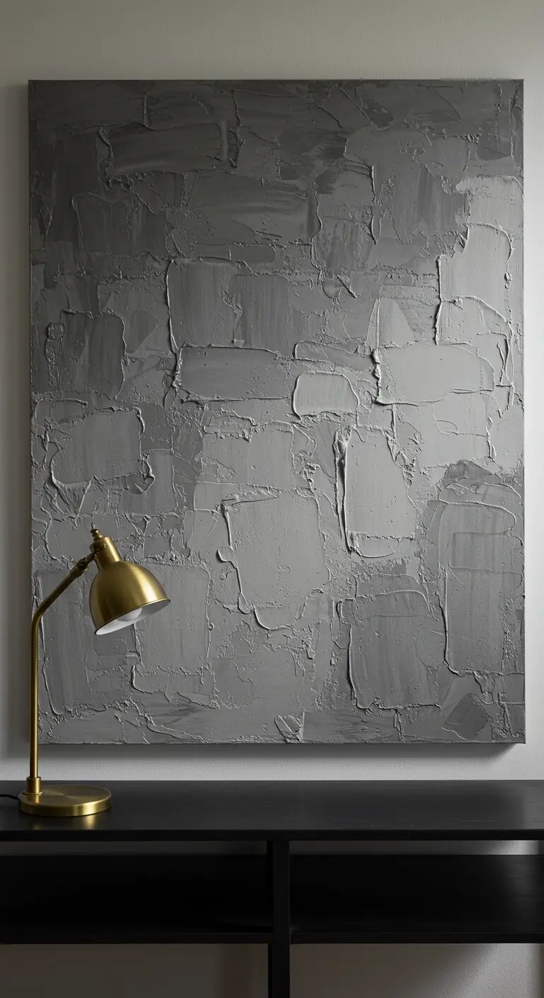 Cuadro abstracto grande con textura gruesa en tonos de gris.