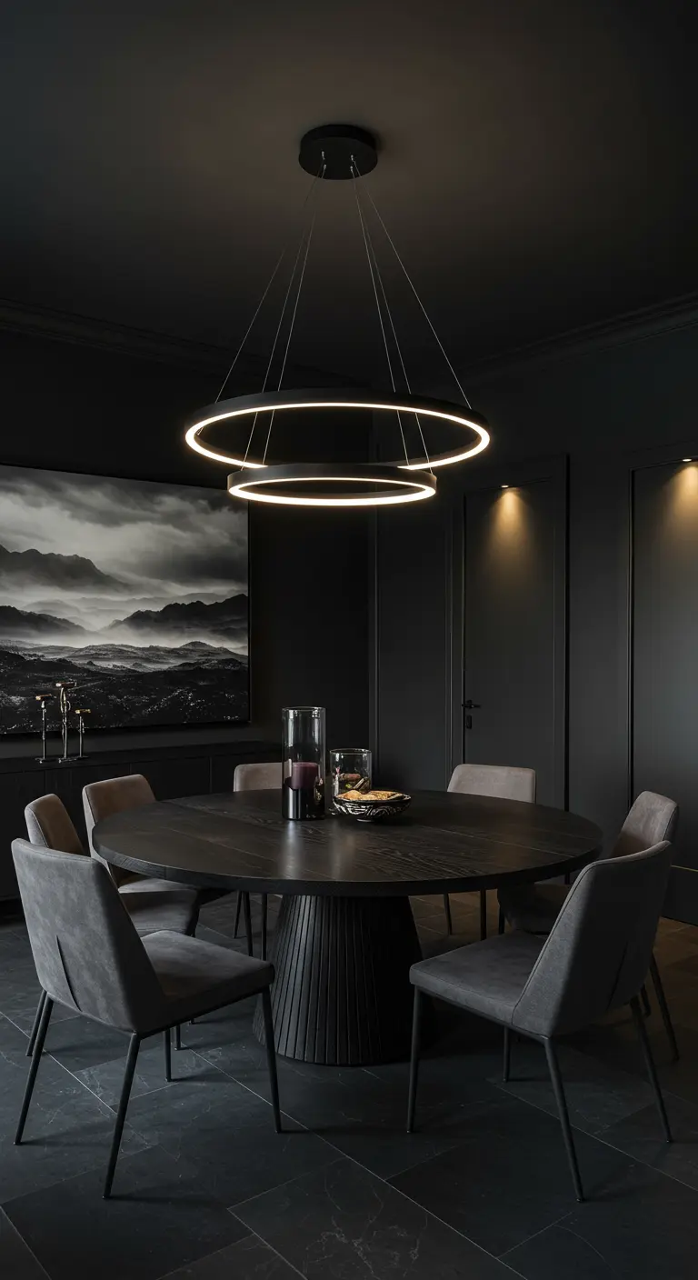 Comedor moderno y oscuro con mesa redonda negra y lámpara de aros LED.