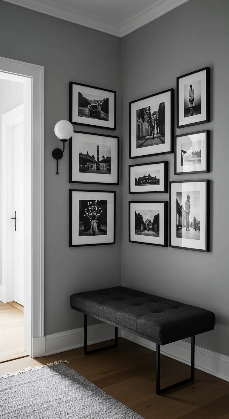 Esquina de pasillo en tonos grises con galería de fotos en blanco y negro y un banco tapizado oscuro.
