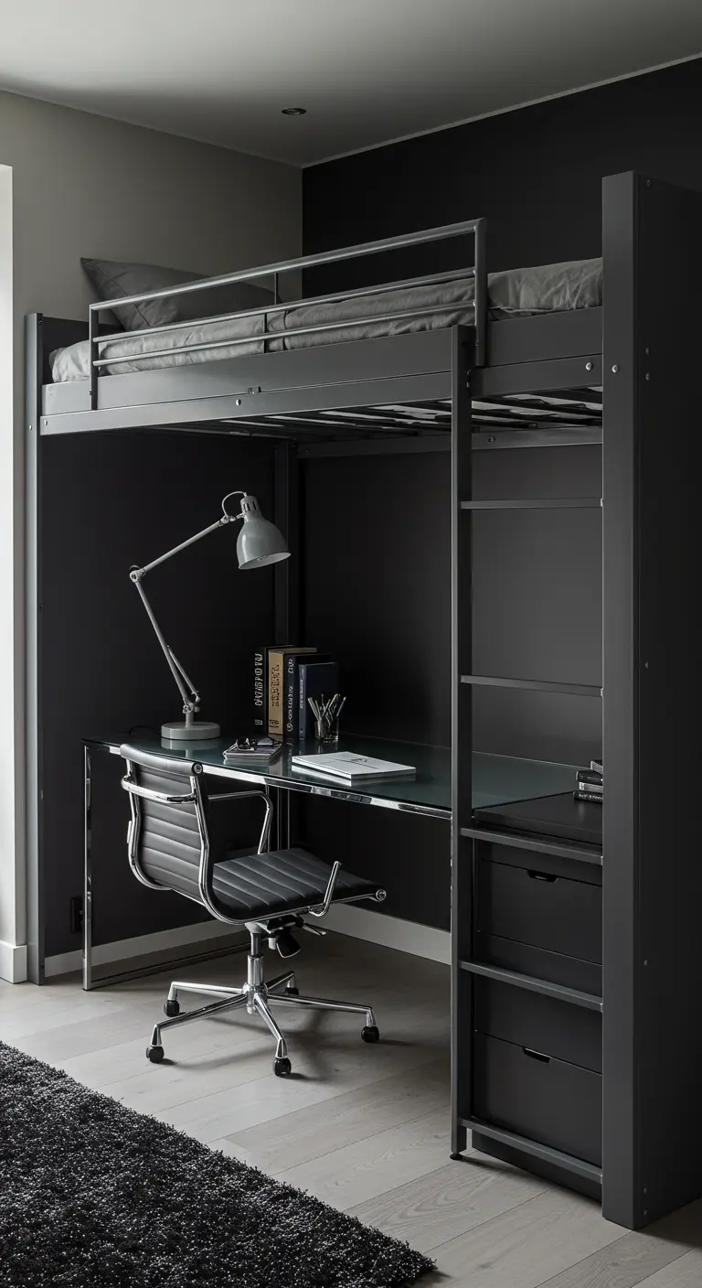 Cama alta de metal negro con escritorio a juego y silla de oficina cromada