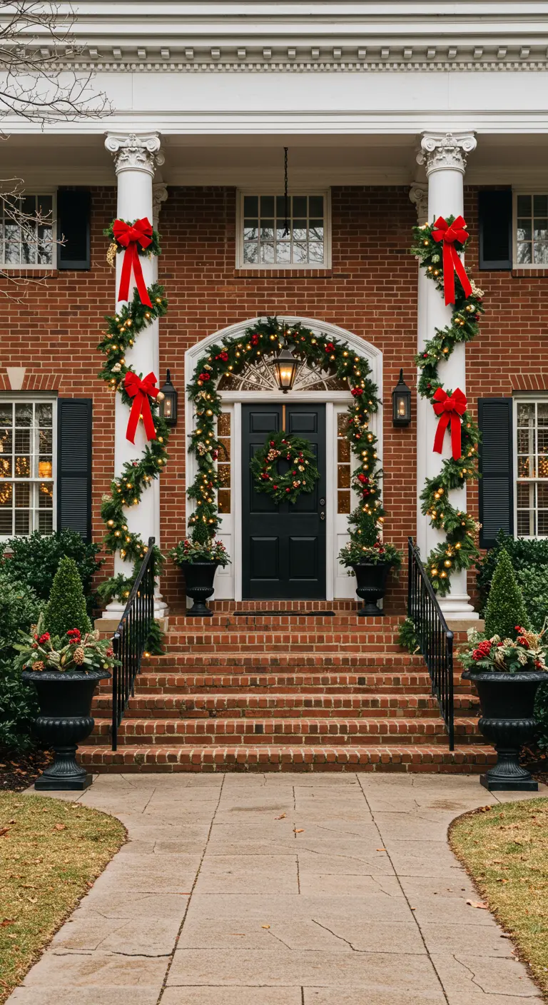 Fachada de ladrillo con columnas decoradas con guirnaldas y grandes lazos rojos.