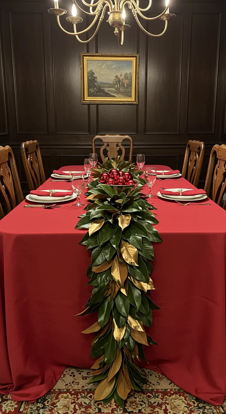 Camino de mesa hecho con hojas de magnolia verdes y doradas sobre un mantel rojo.