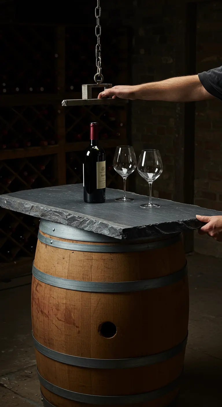Mesa de cata con base de barril de vino y una tapa de pizarra natural de borde irregular
