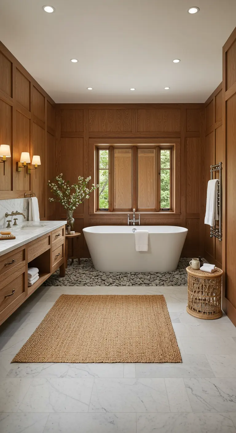 Baño elegante con paredes paneladas de madera, suelo de mármol y una alfombra grande de yute.