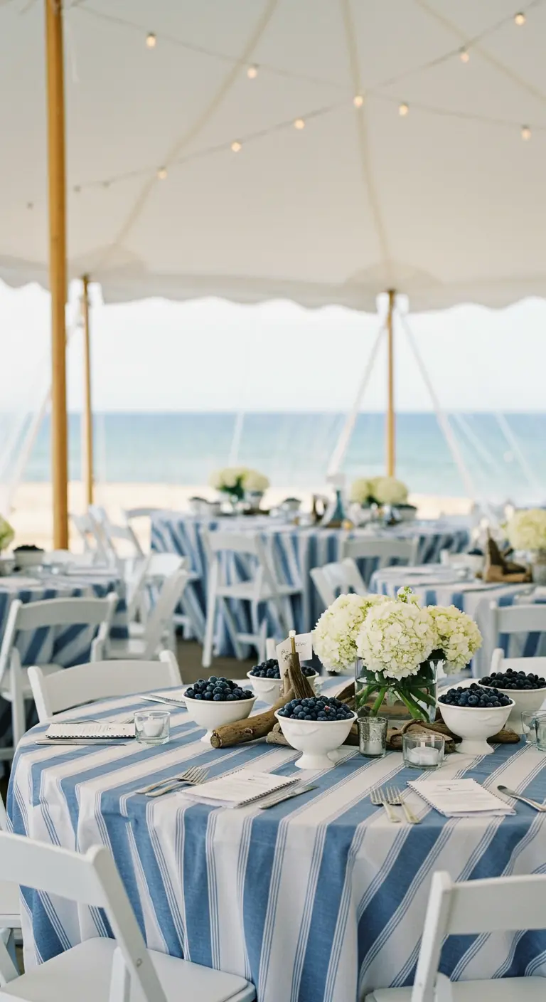 Mesa de boda en una carpa junto al mar, con mantel a rayas azules y cuencos de arándanos.