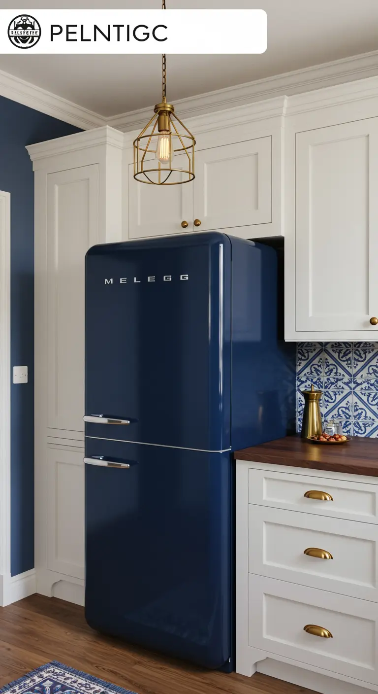 Cocina elegante con frigorífico retro azul marino, armarios blancos y detalles dorados.