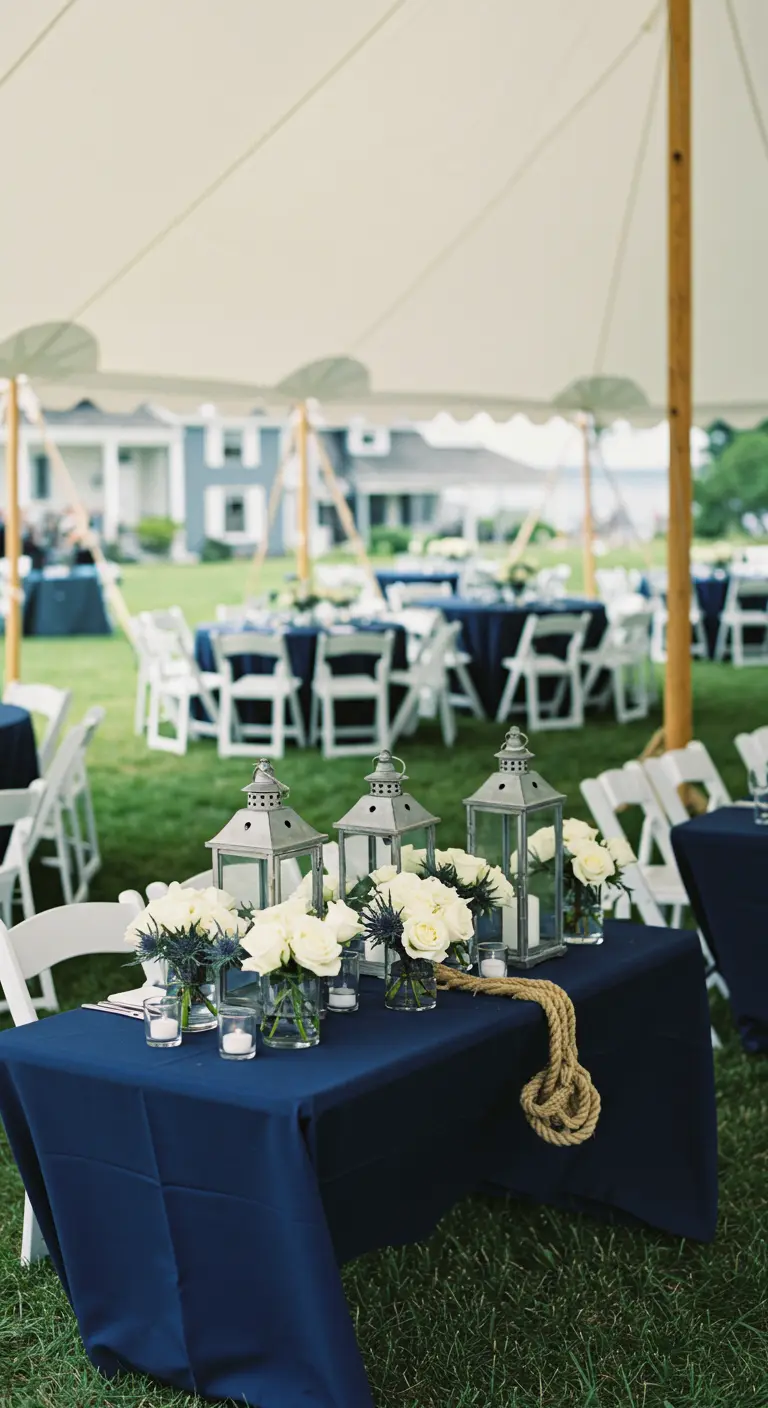 Mesa de boda azul marino y blanca con faroles plateados bajo una carpa.