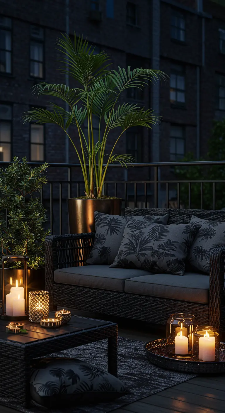 Terraza elegante de noche con sofá oscuro, cojines tropicales y muchas velas
