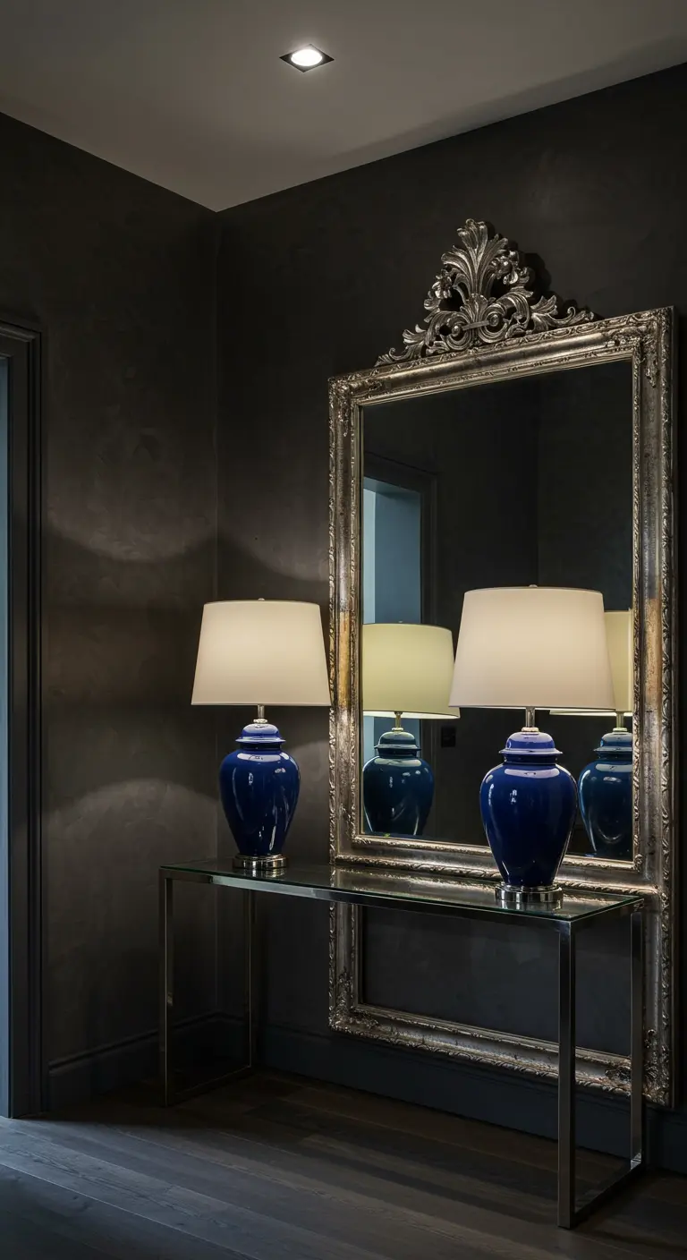 Recibidor oscuro y elegante con un espejo plateado y lámparas con base de cerámica azul cobalto.