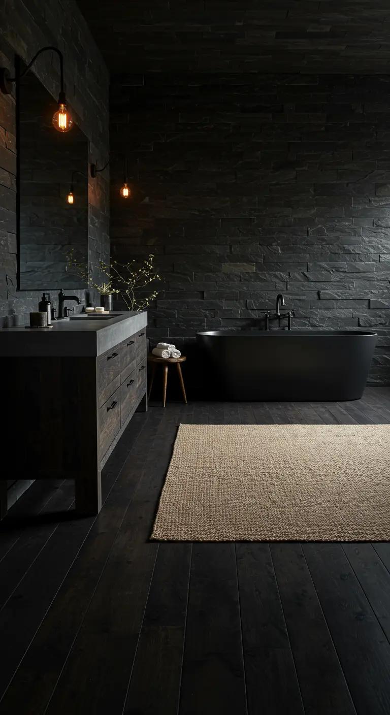 Baño oscuro y elegante con paredes de piedra negra, bañera negra y una gran alfombra de yute.