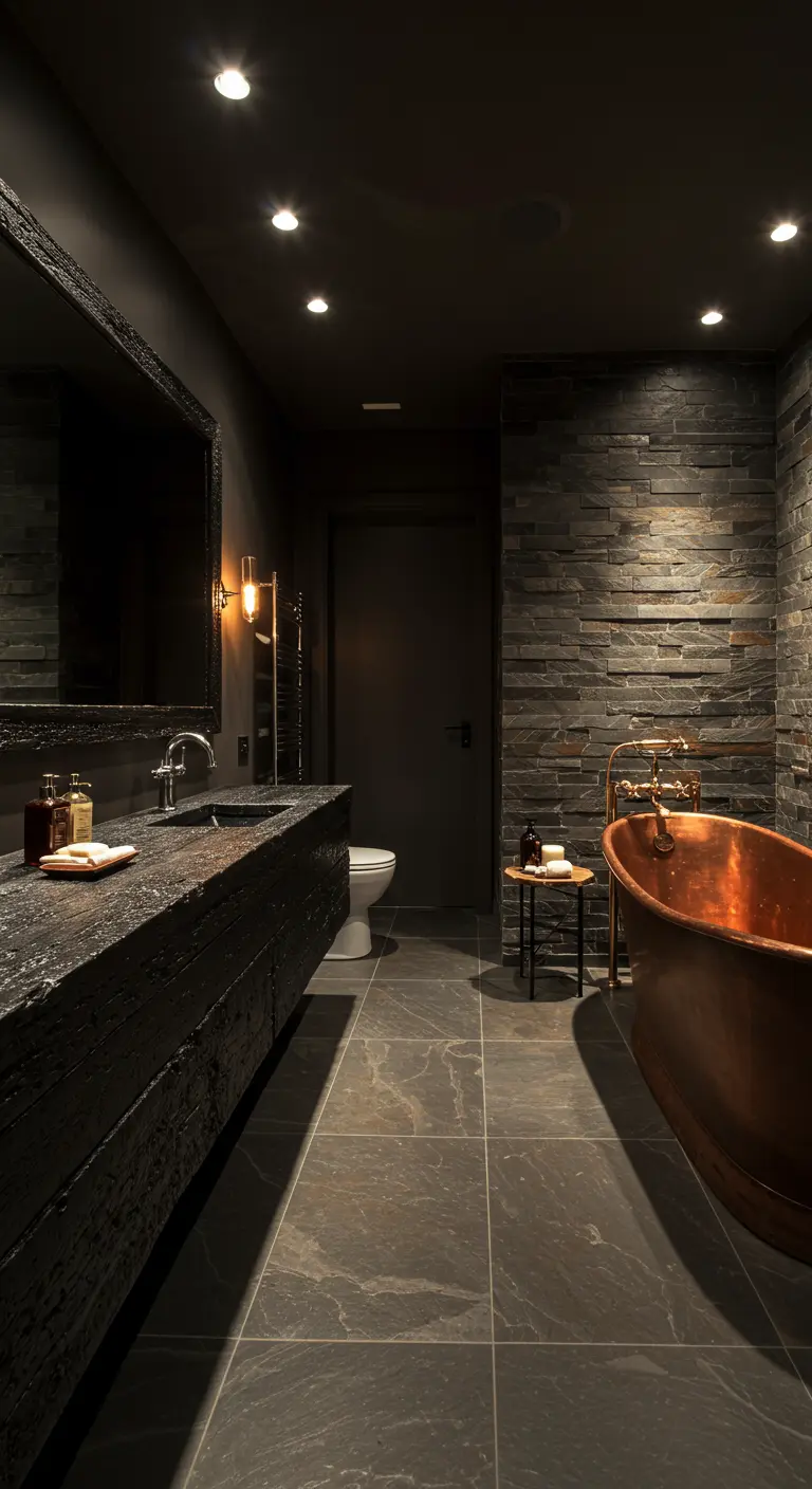 Baño oscuro y lujoso con mueble de madera carbonizada, paredes de pizarra y bañera de cobre.