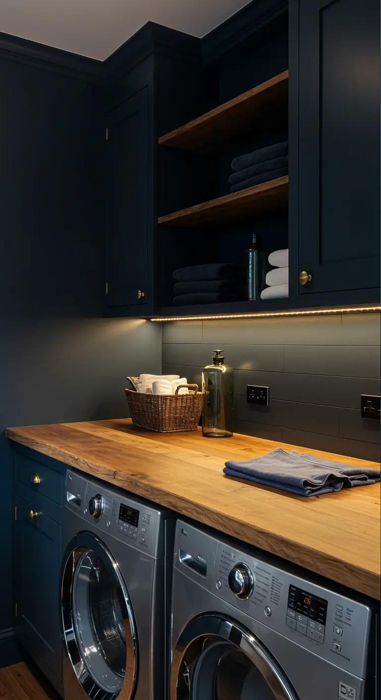 Lavandería rústica moderna con gabinetes azul oscuro y encimera de madera iluminada.
