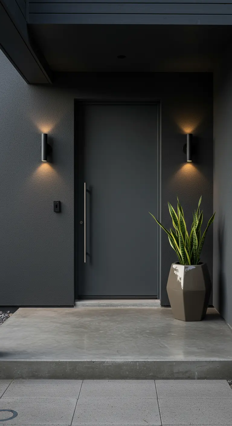 Porche minimalista en gris antracita con apliques de luz cálida y una planta alta en maceta geométrica