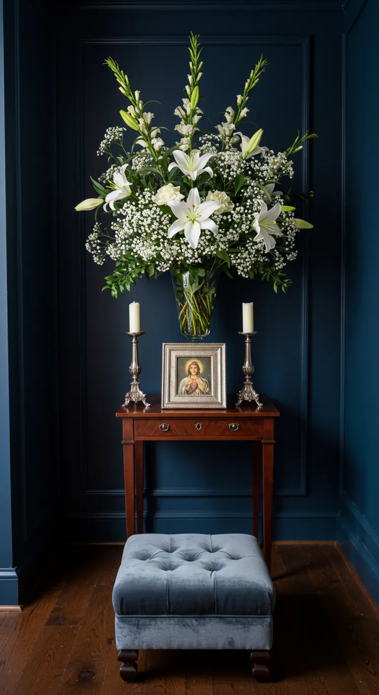 Elegante altar con lirios blancos, candelabros de plata y una pared azul oscuro.
