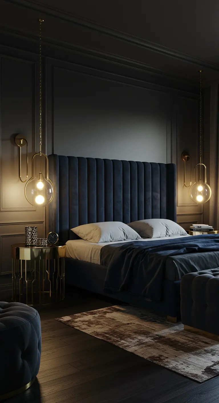Dormitorio de lujo con paredes oscuras, cabecero de terciopelo azul y lámparas colgantes doradas de diseño.