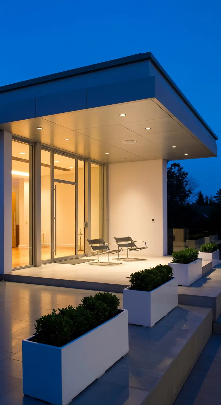 Porche moderno de noche con iluminación cálida, sillas de diseño minimalista y macetas rectangulares.