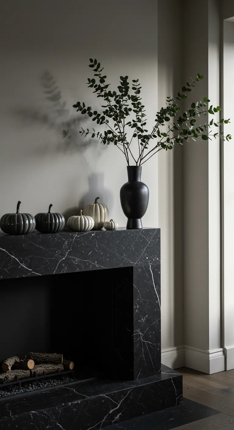 Chimenea de mármol negro con calabazas negras y blancas y un jarrón negro con ramas de eucalipto.